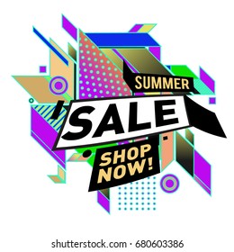 Summer sale geometric style web banner. Fashion and travel discount. Vector holiday Abstract colorful illustration with special offers and promotion.