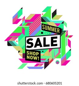 Summer sale geometric style web banner. Fashion and travel discount. Vector holiday Abstract colorful illustration with special offers and promotion.