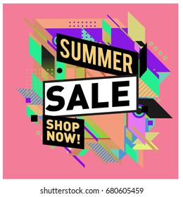 Summer sale geometric style web banner. Fashion and travel discount. Vector holiday Abstract colorful illustration with special offers and promotion.