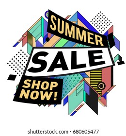 Summer sale geometric style web banner. Fashion and travel discount. Vector holiday Abstract colorful illustration with special offers and promotion.