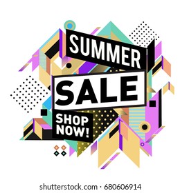 Summer sale geometric style web banner. Fashion and travel discount. Vector holiday Abstract colorful illustration with special offers and promotion.