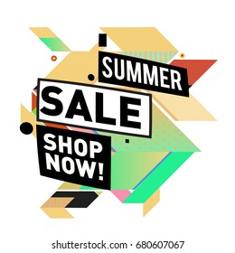 Summer sale geometric style web banner. Fashion and travel discount. Vector holiday Abstract colorful illustration with special offers and promotion.