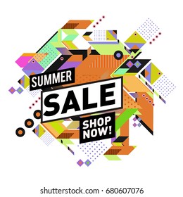 Summer sale geometric style web banner. Fashion and travel discount. Vector holiday Abstract colorful illustration with special offers and promotion.