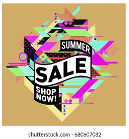 Summer sale geometric style web banner. Fashion and travel discount. Vector holiday Abstract colorful illustration with special offers and promotion.