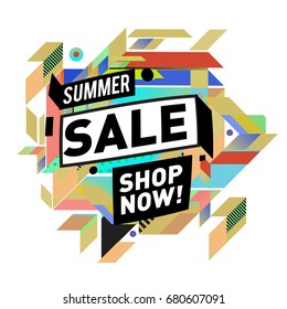 Summer sale geometric style web banner. Fashion and travel discount. Vector holiday Abstract colorful illustration with special offers and promotion.