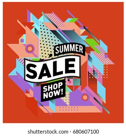 Summer sale geometric style web banner. Fashion and travel discount. Vector holiday Abstract colorful illustration with special offers and promotion.