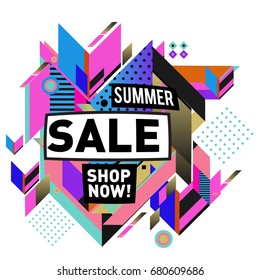 Summer sale geometric style web banner. Fashion and travel discount. Vector holiday Abstract colorful illustration with special offers and promotion.