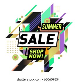 Summer sale geometric style web banner. Fashion and travel discount. Vector holiday Abstract colorful illustration with special offers and promotion.