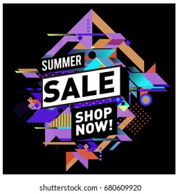 Summer sale geometric style web banner. Fashion and travel discount. Vector holiday Abstract colorful illustration with special offers and promotion.