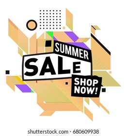 Summer sale geometric style web banner. Fashion and travel discount. Vector holiday Abstract colorful illustration with special offers and promotion.