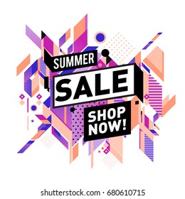 Summer sale geometric style web banner. Fashion and travel discount. Vector holiday Abstract colorful illustration with special offers and promotion.