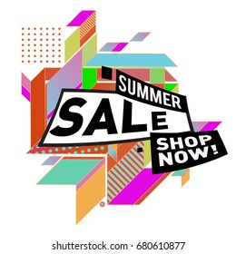 Summer sale geometric style web banner. Fashion and travel discount. Vector holiday Abstract colorful illustration with special offers and promotion.
