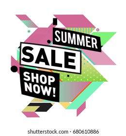 Summer sale geometric style web banner. Fashion and travel discount. Vector holiday Abstract colorful illustration with special offers and promotion.