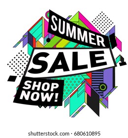 Summer sale geometric style web banner. Fashion and travel discount. Vector holiday Abstract colorful illustration with special offers and promotion.