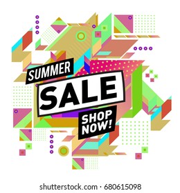 Summer sale geometric style web banner. Fashion and travel discount. Vector holiday Abstract colorful illustration with special offers and promotion.
