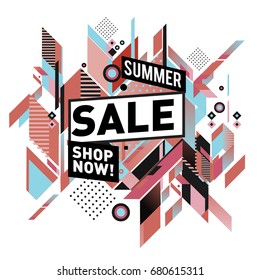 Summer sale geometric style web banner. Fashion and travel discount. Vector holiday Abstract colorful illustration with special offers and promotion.