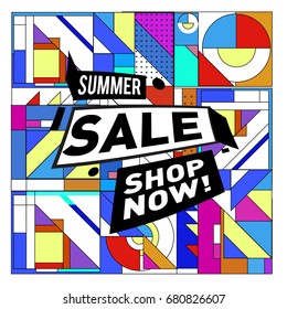 Summer sale geometric style web banner. Fashion and travel discount. Vector holiday Abstract colorful illustration with special offers and promotion.