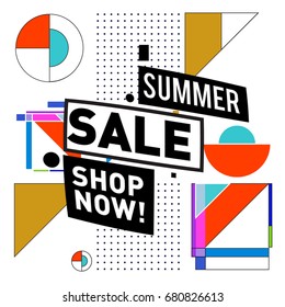 Summer sale geometric style web banner. Fashion and travel discount. Vector holiday Abstract colorful illustration with special offers and promotion.