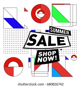 Summer sale geometric style web banner. Fashion and travel discount. Vector holiday Abstract colorful illustration with special offers and promotion.