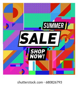 Summer sale geometric style web banner. Fashion and travel discount. Vector holiday Abstract colorful illustration with special offers and promotion.