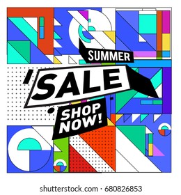 Summer sale geometric style web banner. Fashion and travel discount. Vector holiday Abstract colorful illustration with special offers and promotion.