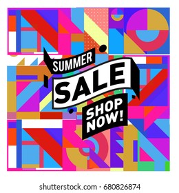 Summer sale geometric style web banner. Fashion and travel discount. Vector holiday Abstract colorful illustration with special offers and promotion.