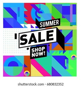 Summer sale geometric style web banner. Fashion and travel discount. Vector holiday Abstract colorful illustration with special offers and promotion.