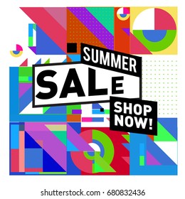 Summer sale geometric style web banner. Fashion and travel discount. Vector holiday Abstract colorful illustration with special offers and promotion.