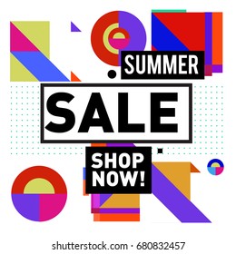 Summer sale geometric style web banner. Fashion and travel discount. Vector holiday Abstract colorful illustration with special offers and promotion.