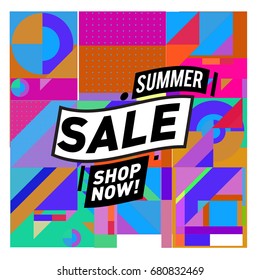 Summer sale geometric style web banner. Fashion and travel discount. Vector holiday Abstract colorful illustration with special offers and promotion.