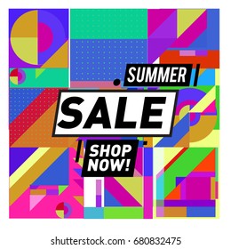 Summer sale geometric style web banner. Fashion and travel discount. Vector holiday Abstract colorful illustration with special offers and promotion.