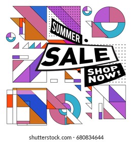Summer sale geometric style web banner. Fashion and travel discount. Vector holiday Abstract colorful illustration with special offers and promotion.