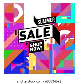 Summer sale geometric style web banner. Fashion and travel discount. Vector holiday Abstract colorful illustration with special offers and promotion.