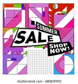 Summer sale geometric style web banner. Fashion and travel discount. Vector holiday Abstract colorful illustration with special offers and promotion.