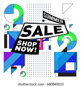 Summer sale geometric style web banner. Fashion and travel discount. Vector holiday Abstract colorful illustration with special offers and promotion.
