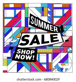 Summer sale geometric style web banner. Fashion and travel discount. Vector holiday Abstract colorful illustration with special offers and promotion.