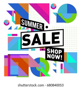 Summer sale geometric style web banner. Fashion and travel discount. Vector holiday Abstract colorful illustration with special offers and promotion.