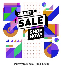 Summer sale geometric style web banner. Fashion and travel discount. Vector holiday Abstract colorful illustration with special offers and promotion.