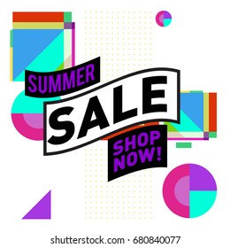 Summer sale geometric style web banner. Fashion and travel discount. Vector holiday Abstract colorful illustration with special offers and promotion.