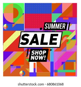 Summer sale geometric style web banner. Fashion and travel discount. Vector holiday Abstract colorful illustration with special offers and promotion.