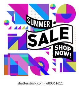 Summer sale geometric style web banner. Fashion and travel discount. Vector holiday Abstract colorful illustration with special offers and promotion.
