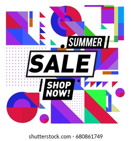 Summer sale geometric style web banner. Fashion and travel discount. Vector holiday Abstract colorful illustration with special offers and promotion.