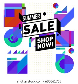 Summer sale geometric style web banner. Fashion and travel discount. Vector holiday Abstract colorful illustration with special offers and promotion.