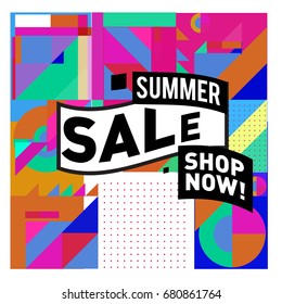 Summer sale geometric style web banner. Fashion and travel discount. Vector holiday Abstract colorful illustration with special offers and promotion.