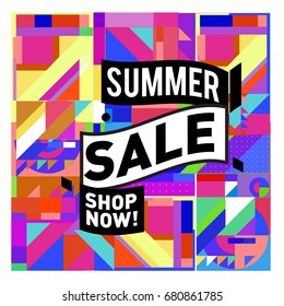 Summer sale geometric style web banner. Fashion and travel discount. Vector holiday Abstract colorful illustration with special offers and promotion.