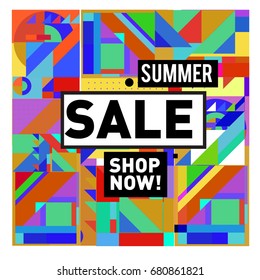Summer sale geometric style web banner. Fashion and travel discount. Vector holiday Abstract colorful illustration with special offers and promotion.