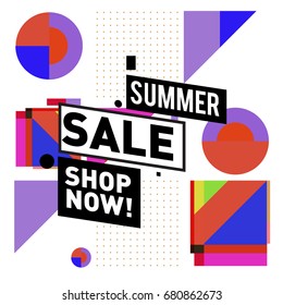 Summer sale geometric style web banner. Fashion and travel discount. Vector holiday Abstract colorful illustration with special offers and promotion.