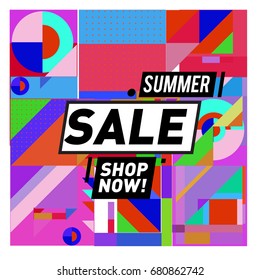 Summer sale geometric style web banner. Fashion and travel discount. Vector holiday Abstract colorful illustration with special offers and promotion.