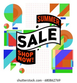 Summer sale geometric style web banner. Fashion and travel discount. Vector holiday Abstract colorful illustration with special offers and promotion.