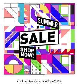 Summer sale geometric style web banner. Fashion and travel discount. Vector holiday Abstract colorful illustration with special offers and promotion.